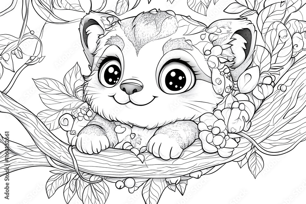 Fototapeta premium A cute cat is sitting on a branch with flowers. The cat is smiling and looking at the camera. The image has a light and playful mood, and it seems to be a drawing or coloring page