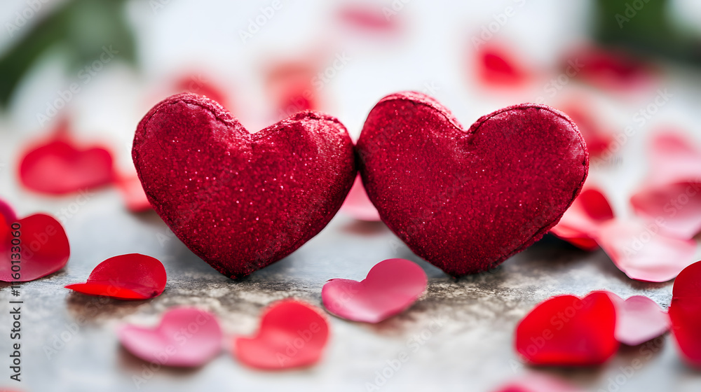 Two Red Heart Shaped Decorations Surrounded by Petals on Rustic Surface Symbolizing Love and Romance : Generative AI Two Red Heart Shaped Decorations Surrounded by Petals on Rustic Surface Symbolizing Love and Romance : Generative AI