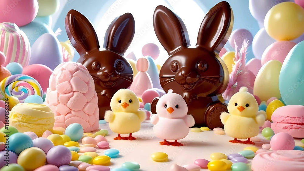 Candy Wonderland: A magical world with giant chocolate bunnies, marshmallow chicks, and pastel-colored candies. Candy Wonderland: A magical world with giant chocolate bunnies, marshmallow chicks, and pastel-colored candies.