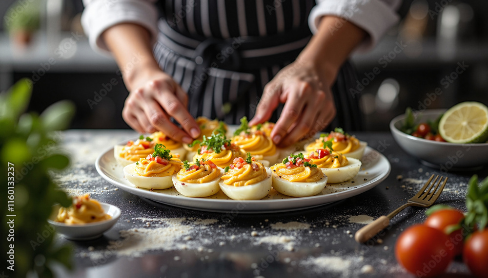 Chef preparing artistic deviled eggs on kitchen counter, culinary creativity Chef preparing artistic deviled eggs on kitchen counter, culinary creativity