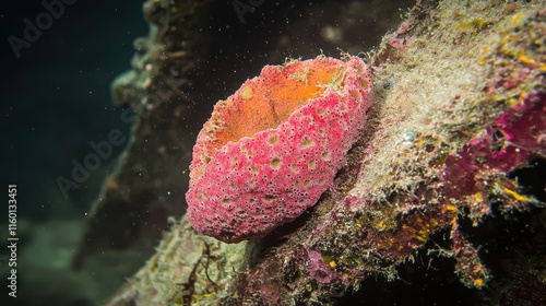 Pink cup sponge on underwater shipwreck. photo