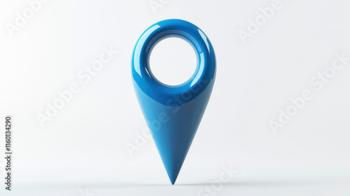 A smooth, stylized blue location pin icon, featuring a circular hole at the top and a pointed bottom. The pin should have a glossy finish and a modern design, standing upright against a clean white ba