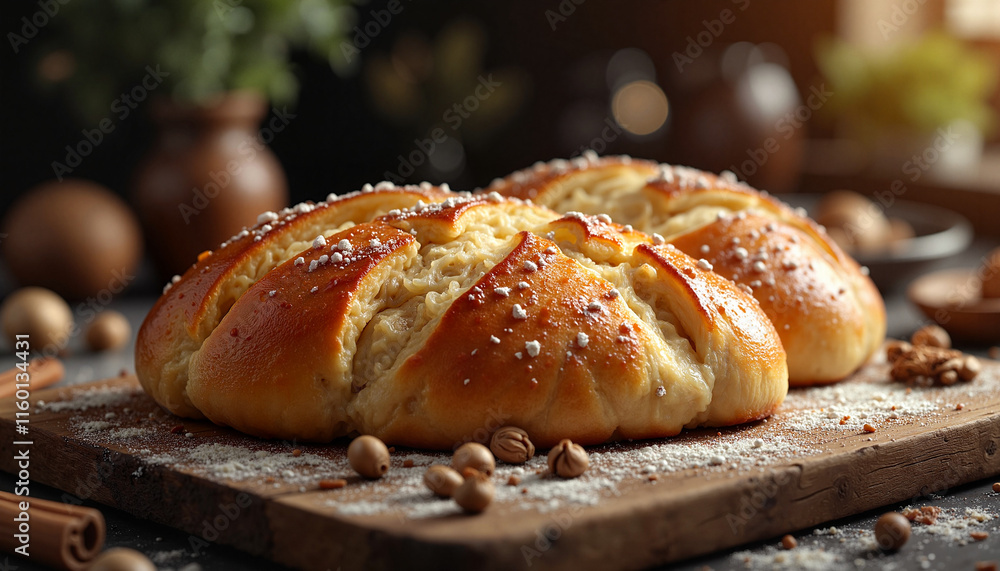Traditional Romanian cozonac loaf on wooden board, culinary delight Traditional Romanian cozonac loaf on wooden board, culinary delight