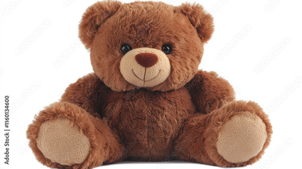 Obraz premium A soft, plush teddy bear with a warm brown color, sitting upright with a friendly smile. The bear should have round ears and a cozy appearance, inviting a sense of comfort and nostalgia, isolated on a