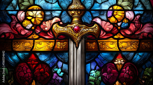 A stained glass window featuring a sword surrounded by colorful floral designs.