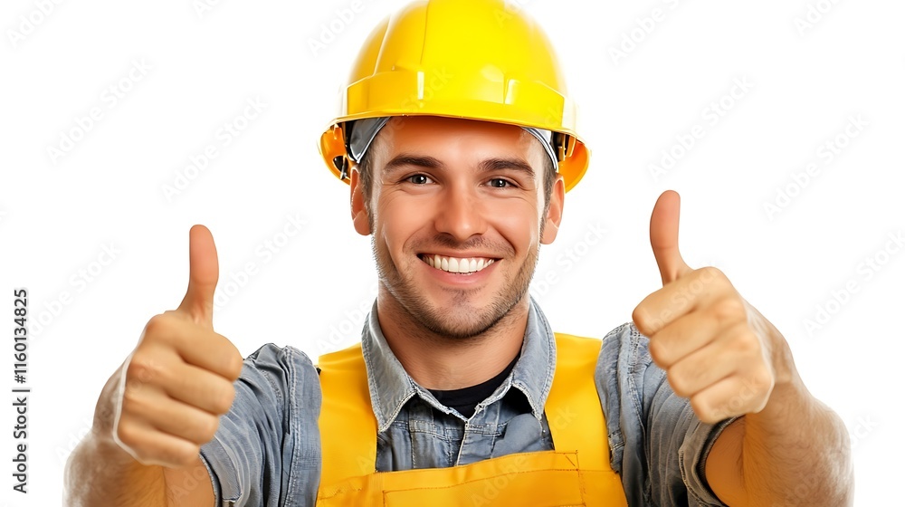 A smiling construction worker in a yellow hard hat gives a thumbs up. A smiling construction worker in a yellow hard hat gives a thumbs up.
