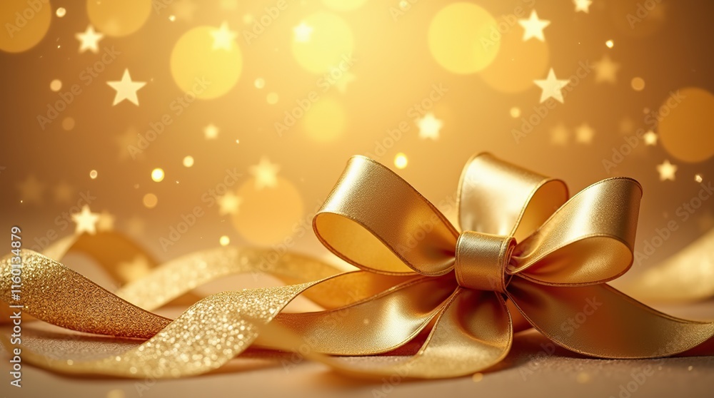 Golden Satin Bow With Glittering Background and Star Lights Golden Satin Bow With Glittering Background and Star Lights