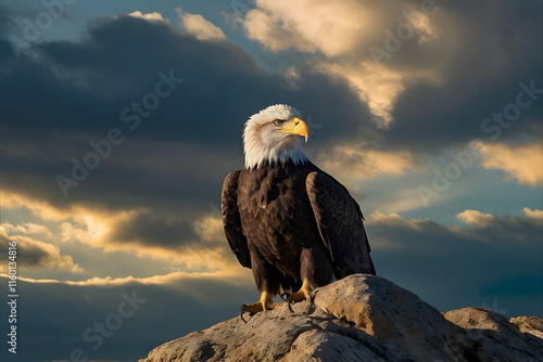 An elegant bald eagle perched majestically on a rocky outcrop, its sharp eyes gazing into the distance photo