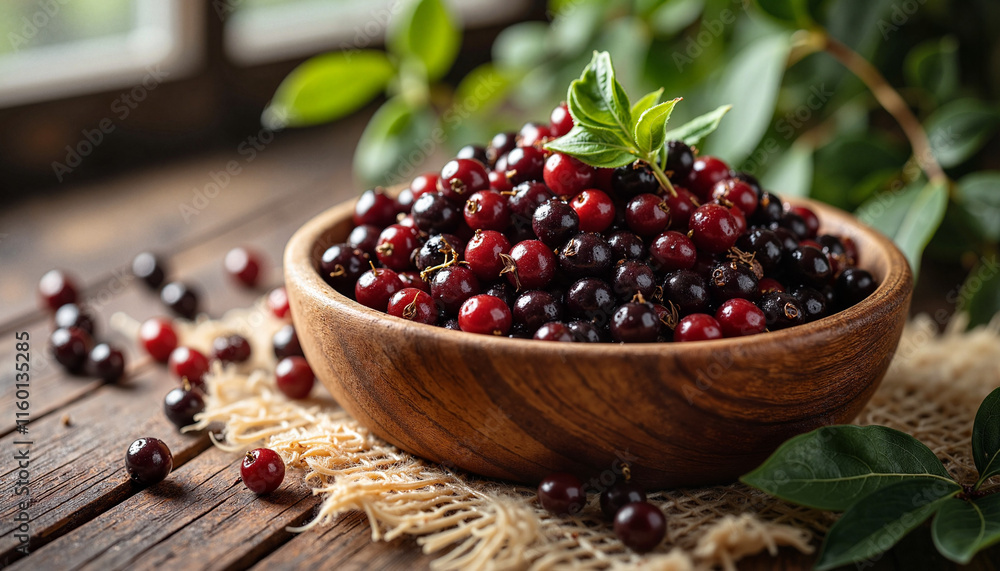 Bowl of freshly picked chokeberries on wooden table, natural abundance Bowl of freshly picked chokeberries on wooden table, natural abundance