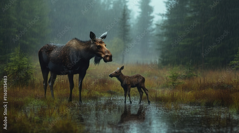 Naklejka premium A mother moose and her calf walking through a rain-drenched meadow at the edge of a forest, mist rising from the ground, richly detailed in 4K.