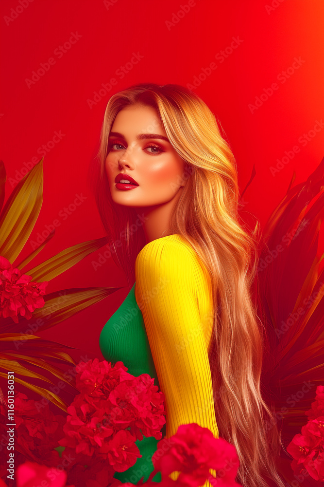 A woman with long blonde hair is standing in front of a red background. She is wearing a yellow and green shirt A woman with long blonde hair is standing in front of a red background. She is wearing a yellow and green shirt