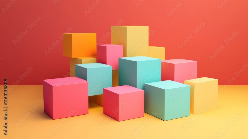 Colorful Cubes Abstract Still Life: A vibrant arrangement of pastel cubes against a warm background, showcasing geometric shapes and color harmony. Ideal for design, art, and decoration. Colorful Cubes Abstract Still Life: A vibrant arrangement of pastel cubes against a warm background, showcasing geometric shapes and color harmony. Ideal for design, art, and decoration.