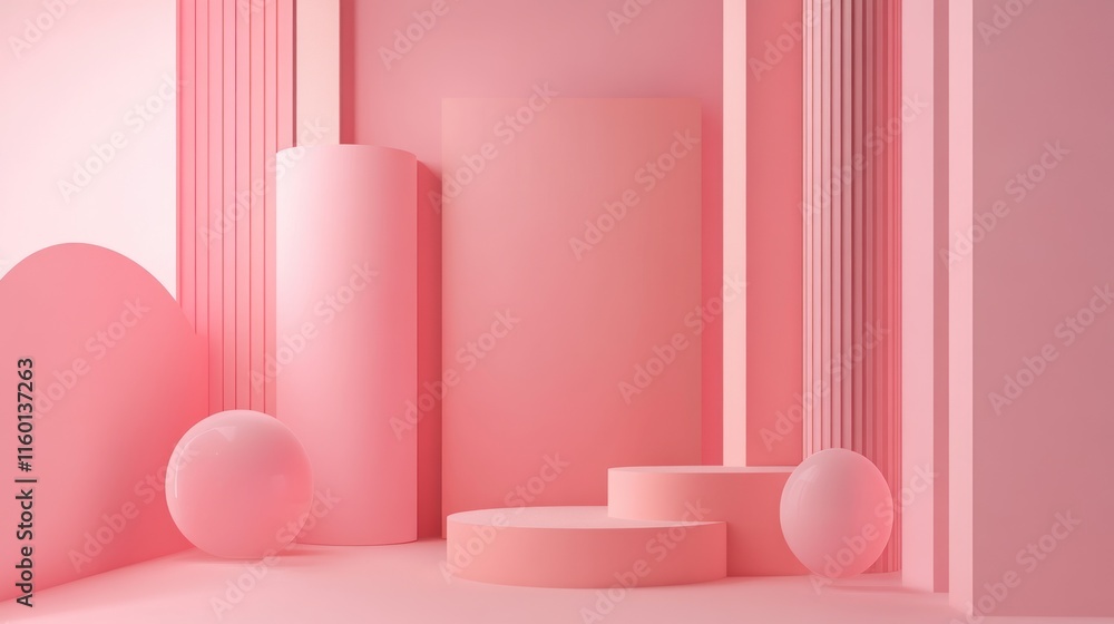 Pastel Pink 3D Abstract Background with Geometric Shapes and Cylinders Pastel Pink 3D Abstract Background with Geometric Shapes and Cylinders