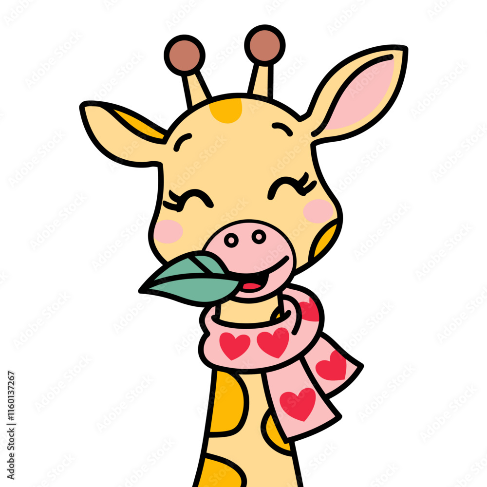 A cheerful kawaii style giraffe wearing a pink scarf decorated with hearts, holding a green leaf in its mouth A cheerful kawaii style giraffe wearing a pink scarf decorated with hearts, holding a green leaf in its mouth