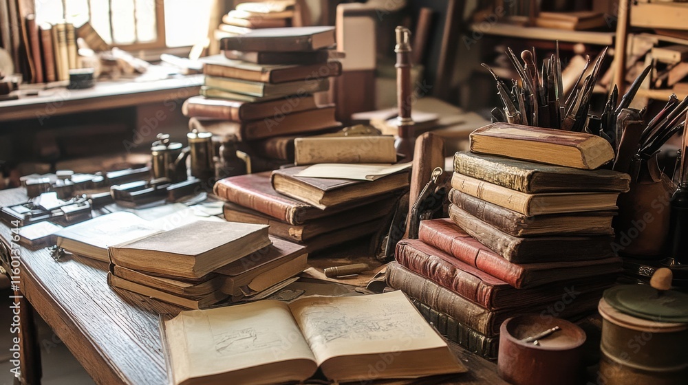 Obraz premium A cozy bookbinding studio with antique tools and stacks of leather-bound books, Worktable cluttered with stitching materials and historical volumes, Vintage artisanal style