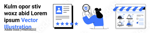 Enlarged profile document with five-star rating, person holding magnifying glass, and online shop window with product icons. Ideal for user review systems, e-commerce, website analysis, security