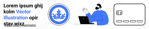 Man waves while working on laptop, official disk-shaped stamp, sample placeholder text, icon of credit card. Ideal for tutorials, user guides, online courses, digital learning, financial tips
