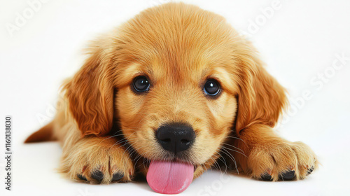 An adorable golden retriever puppy lying down with its tongue out, exuding a playful and friendly demeanor. The puppy has fluffy fur that is a soft golden color, and its big, expressive eyes are full 