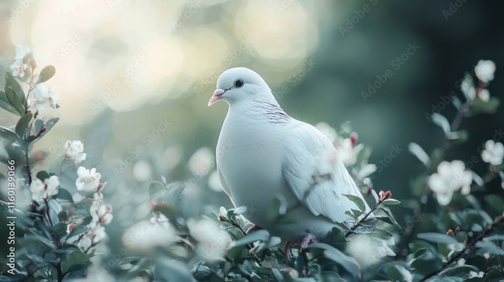 Obraz premium White dove perched amidst blossoming white flowers.