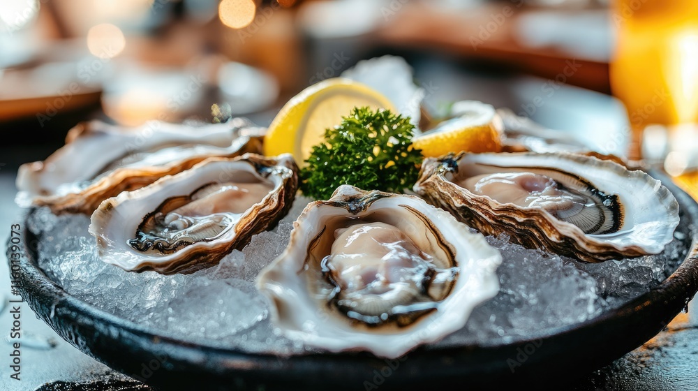 Fresh oysters on ice with lemon wedges and seaweed. Healthy seafood. Gourmet delicacy. Fresh oysters on ice with lemon wedges and seaweed. Healthy seafood. Gourmet delicacy.