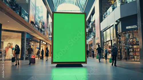 A mockup of an green screen vertical blank billboard poster standing in the middle of a shopping mall, with people walking around and passing by, in daylight, a wide shot, in a cinematic style.