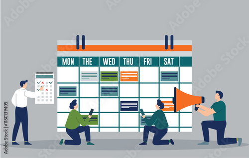 People organizing tasks on a calendar using devices, megaphone. Scheduling Event Planning, Project Management,  Marketing Campaigns, Workplace Productivity, Team Collaboration or planning concept 