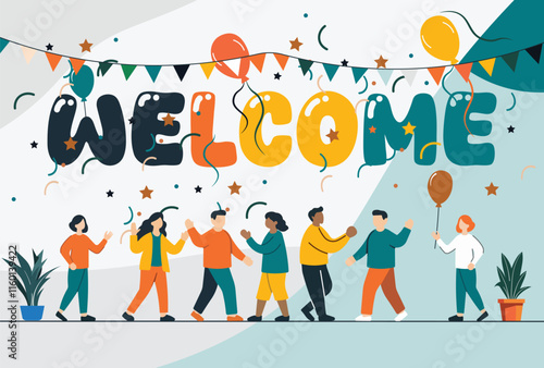 A vibrant Welcome banner for event invites, greeting cards, celebration designs, Welcome parties, networking events, gatherings, school orientations, community events, and Website landing pages.