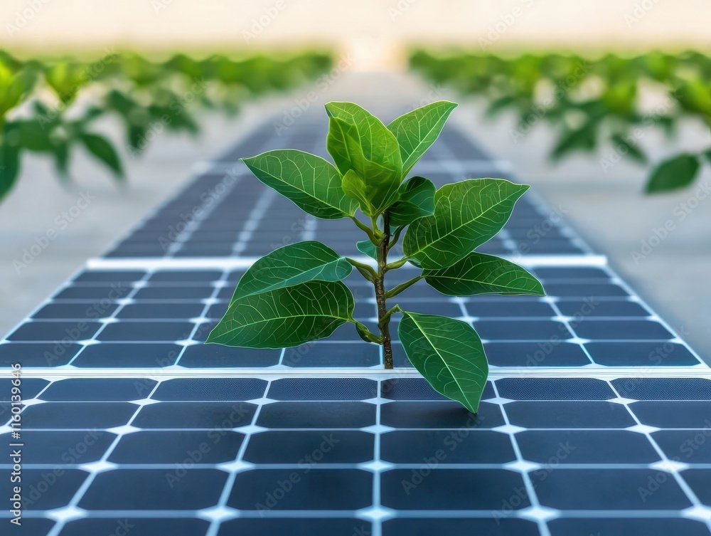 Fototapeta premium AIdriven farm using artificial photosynthesis, glowing bioinspired solar panels absorbing sunlight and powering growth