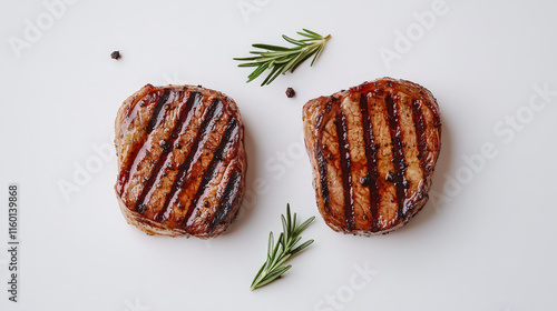 Two perfectly grilled steak cuts, juicy and tender, garnished with fresh rosemary sprigs. The steaks should have distinct grill marks and a rich, appetizing color, placed on a clean surface to enhance