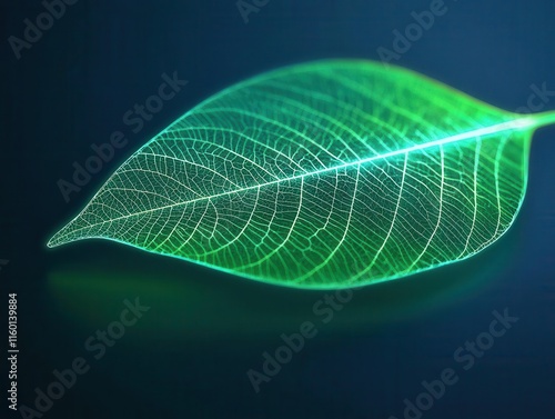 Closeup of robotic leaf mimicking natural photosynthesis, glowing energy transfer visualizing advanced biomimicry technology photo