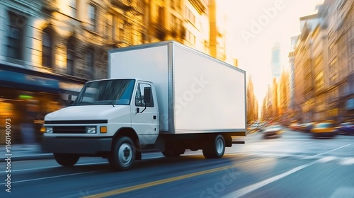 A white box truck moving quickly on the street in a big city, with a motion blur effect and a blurred background. Daylight. Photorealistic. 