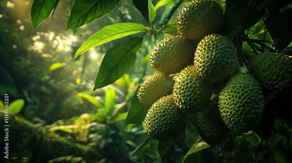 Lush green durian fruits on a tree branch in a tropical forest. Lush green durian fruits on a tree branch in a tropical forest.