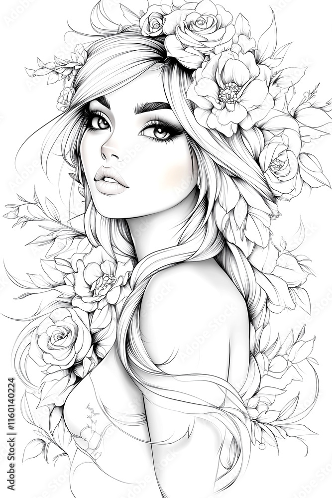 A woman with long blonde hair and a flower crown on her head. The flowers are roses and the background is white A woman with long blonde hair and a flower crown on her head. The flowers are roses and the background is white