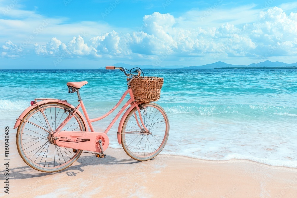 Fototapeta premium Pink bicycle on a sandy beach near turquoise ocean waves. Ideal for travel, summer, and vacation themes.