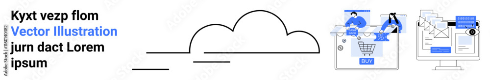 Cloud symbol with two side panels one depicting e-commerce analytics and another illustrating data-driven marketing. Ideal for cloud computing, e-commerce, data analysis, digital marketing Cloud symbol with two side panels one depicting e-commerce analytics and another illustrating data-driven marketing. Ideal for cloud computing, e-commerce, data analysis, digital marketing