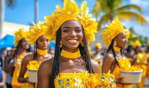 Smiling woman in yellow costume at Caribbean carnival.