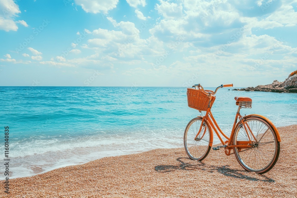 Fototapeta premium Orange bicycle on sandy beach, near turquoise sea. Perfect for travel, vacation, and summer themes.