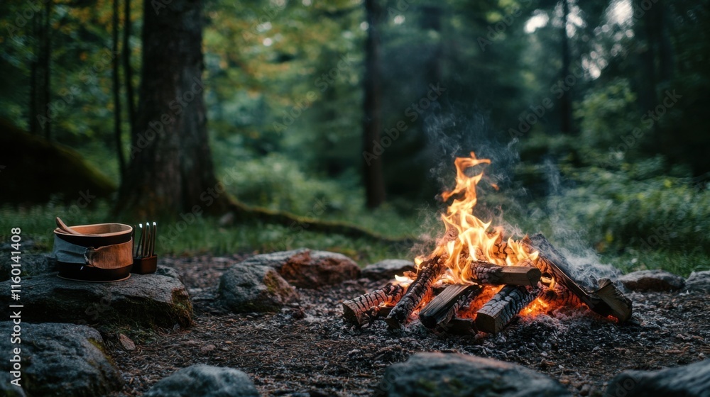 A cozy campfire scene in a forest clearing, Camping utensils arranged around crackling flames, Rustic woodland style A cozy campfire scene in a forest clearing, Camping utensils arranged around crackling flames, Rustic woodland style