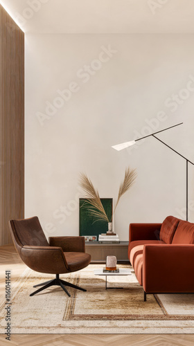 Cozy living room with modern furniture and warm color palette in a contemporary setting