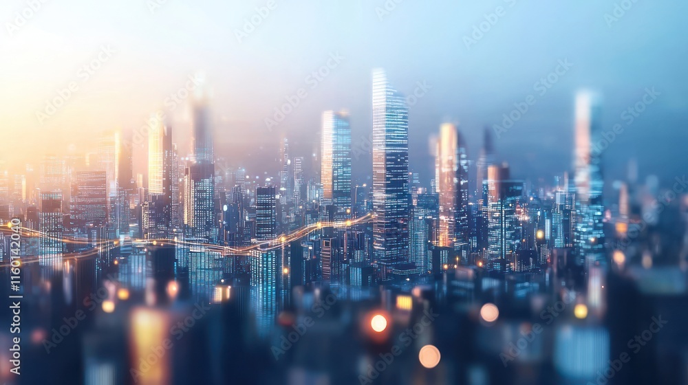 Fototapeta premium Blurred cityscape at sunset, showing skyscrapers and city lights.
