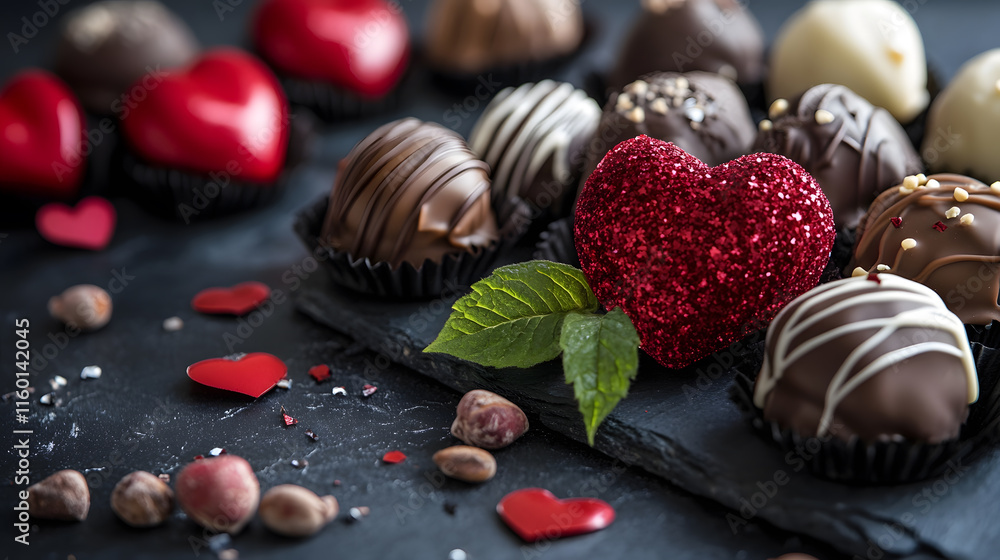 Romantic Heart Shaped Chocolate Truffle Assortment with Glitter and Leaf Decoration for Gift Giving : Generative AI Romantic Heart Shaped Chocolate Truffle Assortment with Glitter and Leaf Decoration for Gift Giving : Generative AI