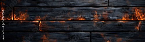  Dark wooden background with burning flames. Wooden wall, table, or floor with glowing fire and embers. Dark wood texture.