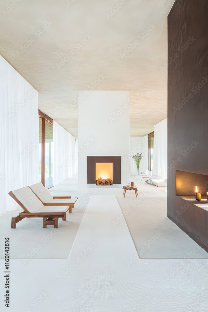 Fototapeta premium Modern minimalist living space with fireplace and outdoor views during daylight