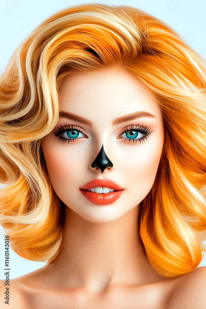Fototapeta premium A woman with blonde hair and a red face with a black nose and a black eye. She is smiling and has a bright orange hair