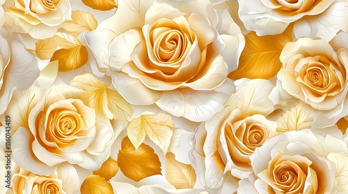Golden Roses on White, Seamless Pattern
