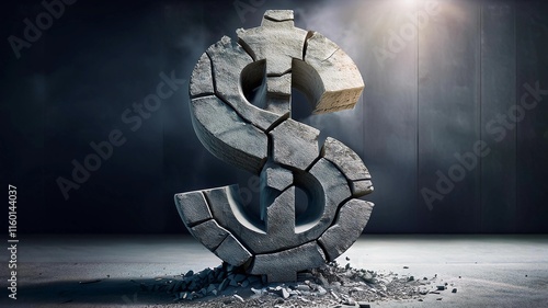 broken dollar sign made with concrete on dark background. Fallen of dollars concept. Economist forecast for the United States. dollar bill. Effect of recession on US economy. American recession concep photo