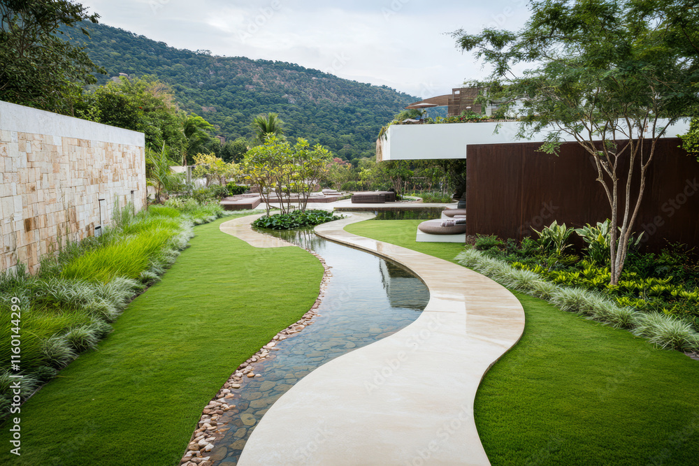Fototapeta premium Serene garden pathway winding through lush greenery and water features in peaceful landscape setting