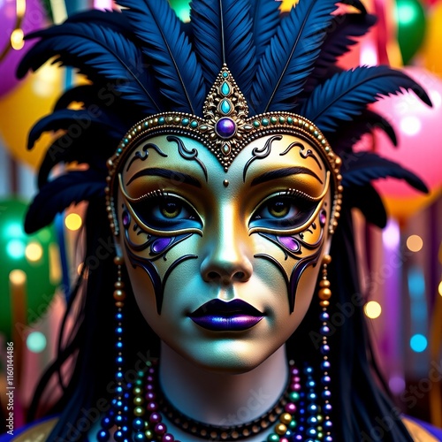 Mardi Gras Feathered Gold Mask with Beads, Purple Design Dark Blue Feather, Festive Streamers and Balloons Copy Space