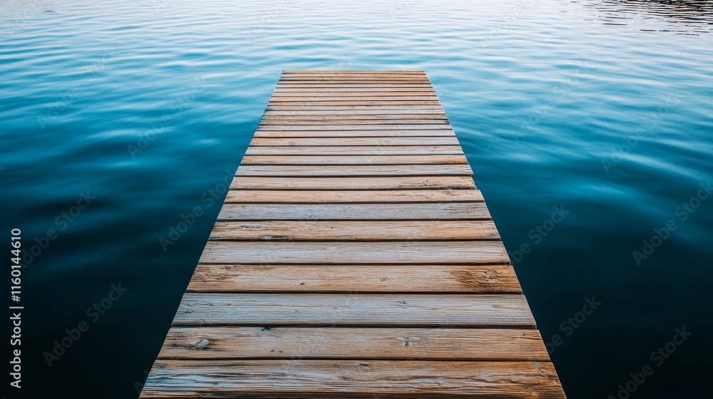 A wooden dock extending over calm water, reflecting serene blue tones. A wooden dock extending over calm water, reflecting serene blue tones.