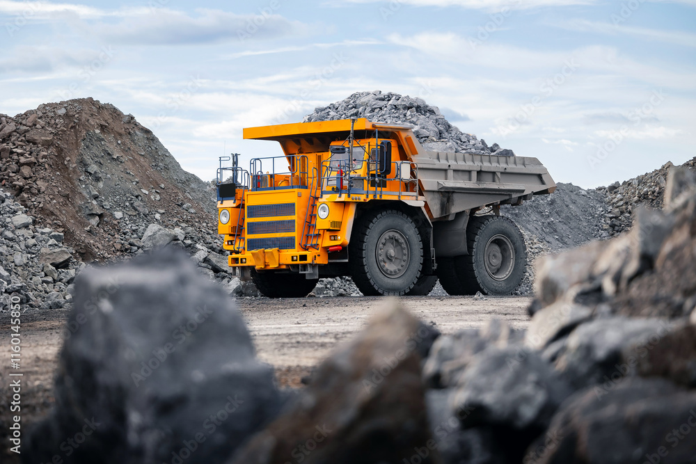 Open pit mine industry banner , big yellow mining truck for gold ore Open pit mine industry banner , big yellow mining truck for gold ore
